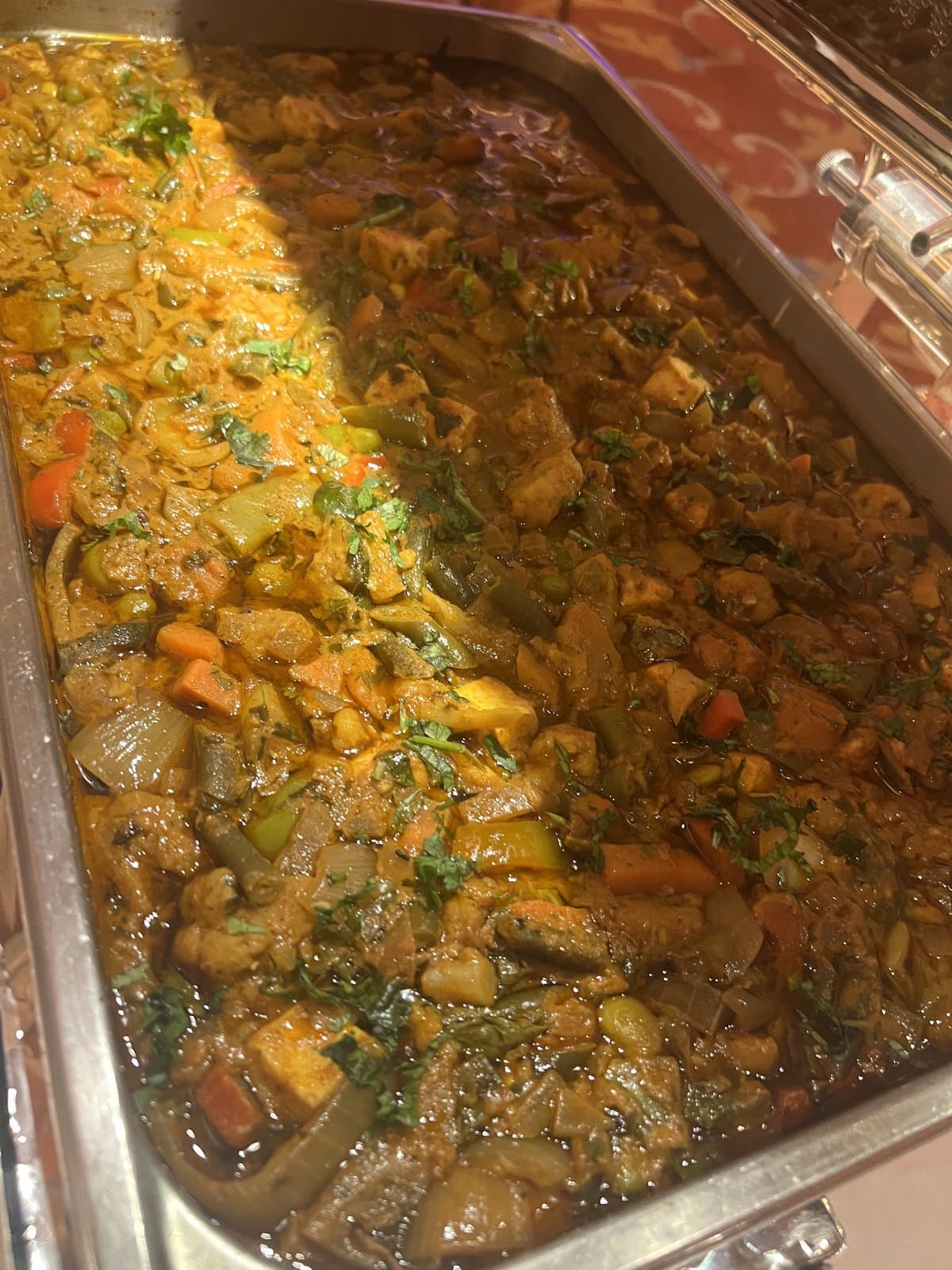 Mixed vegetable and paneer kadai in a chafing dish at Mint catering