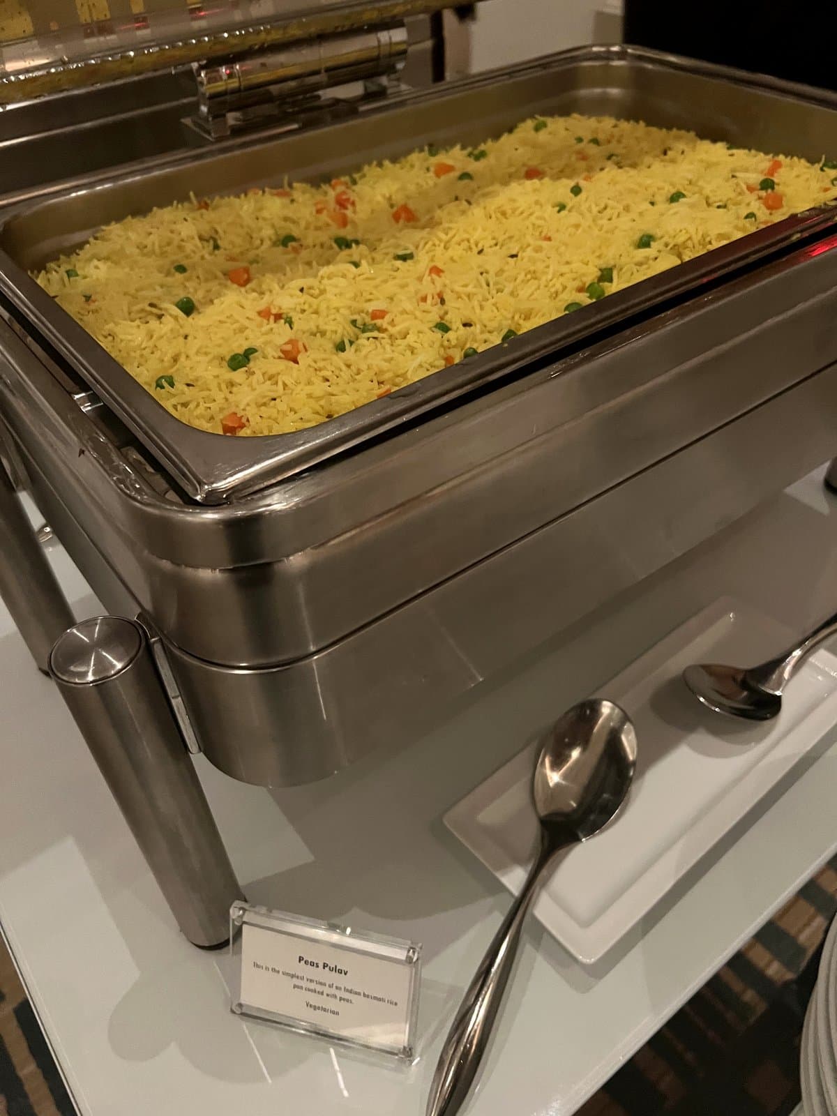 Peas pulav basmati rice in a chafing dish at Mint Indian Bistro catering