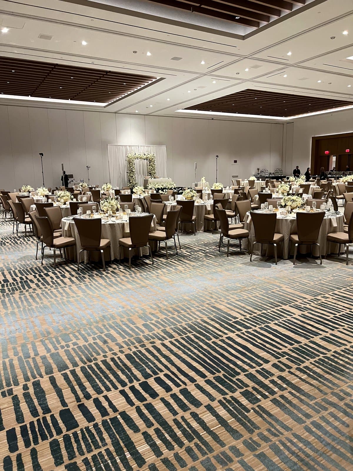 Wedding ballroom setup with round tables catered by Mint Indian Bistro