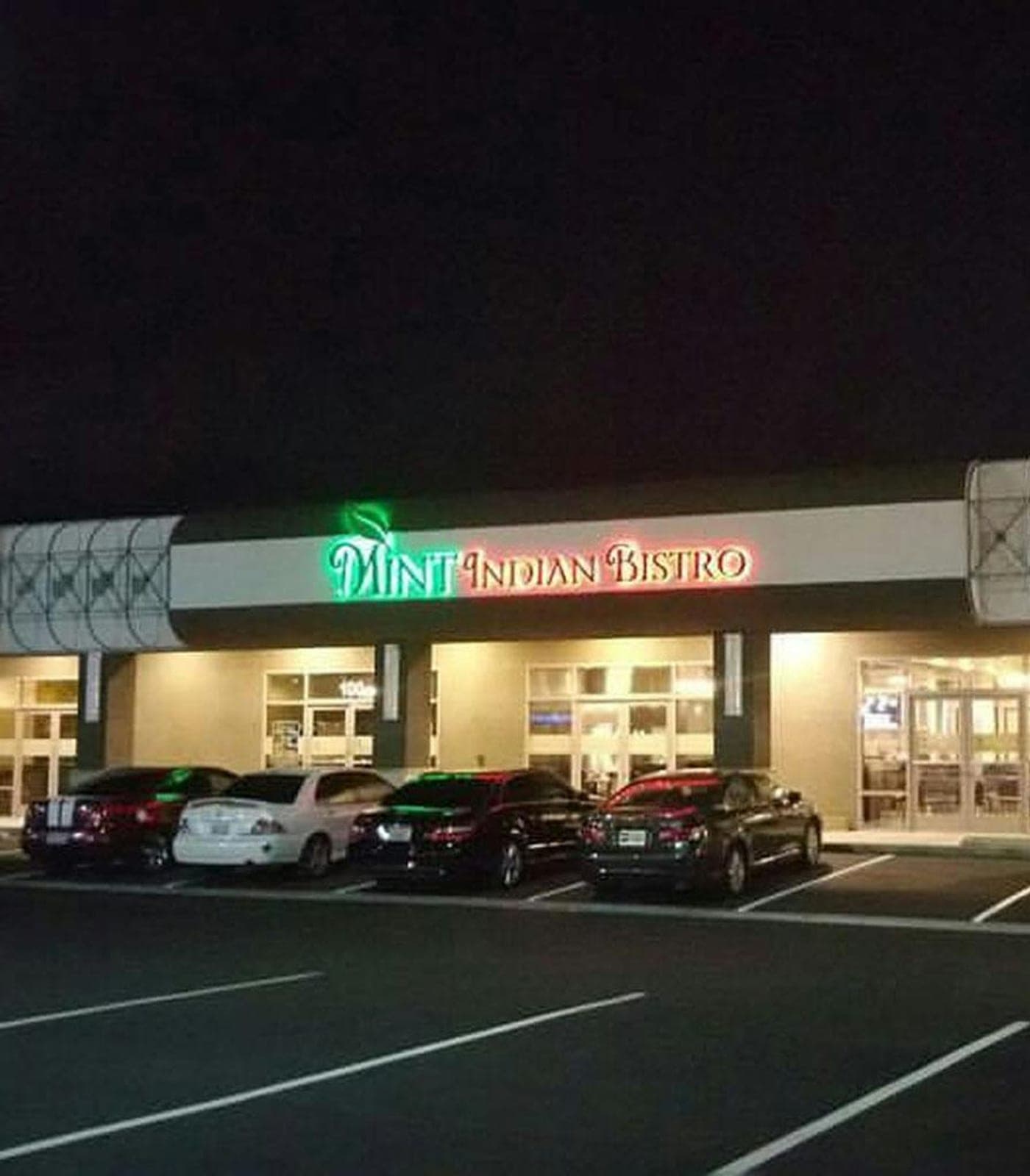 Mint Indian Bistro Durango storefront at night in Las Vegas