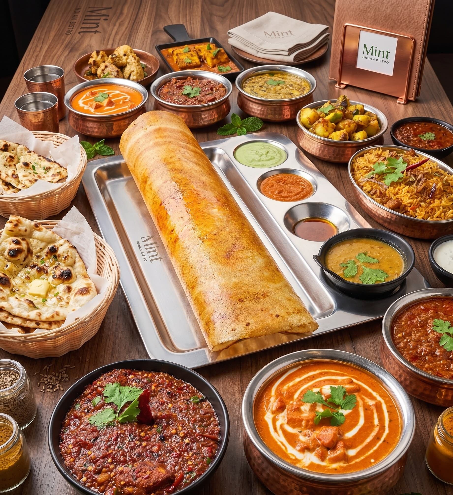 Masala dosa, curries, biryani, and naan spread at Mint Indian Bistro Las Vegas